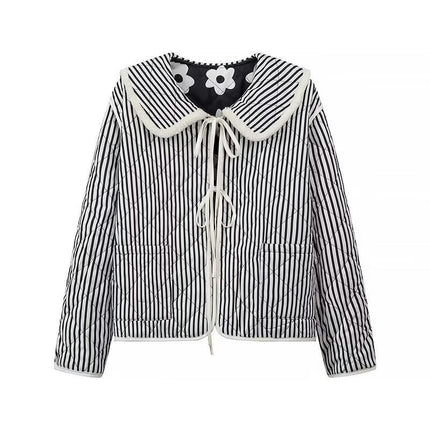 Women Lightweight Quilted Jacket Floral Print Padded Tie Open Front Coat Winter Lapel Outwear