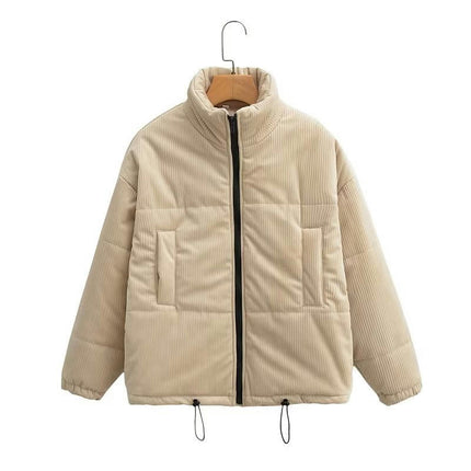 Womens Corduroy Puffer Jacket Winter Warm Long Sleeve Zip Up Stand Collar Coat