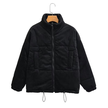 Womens Corduroy Puffer Jacket Winter Warm Long Sleeve Zip Up Stand Collar Coat