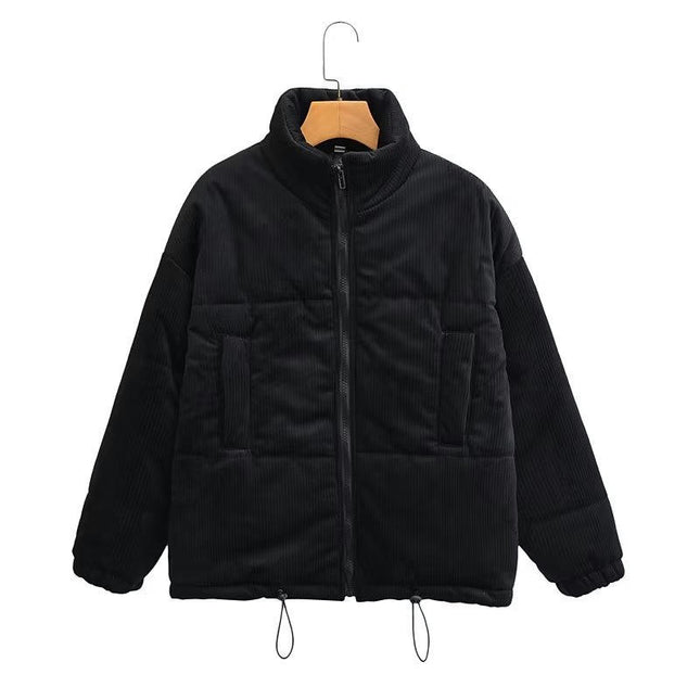 Womens Corduroy Puffer Jacket Winter Warm Long Sleeve Zip Up Stand Collar Coat