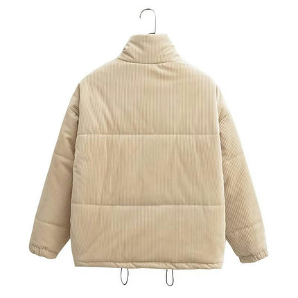 Womens Corduroy Puffer Jacket Winter Warm Long Sleeve Zip Up Stand Collar Coat