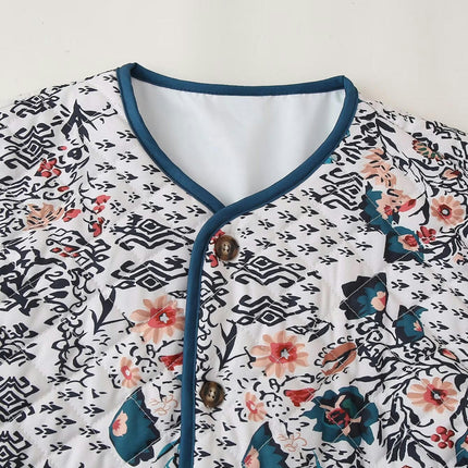 Women Printed Jacket Lightweight Quilted Coat Button Down Long Sleeve Padded Outwear