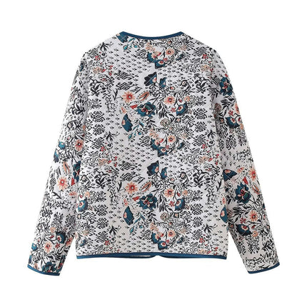 Women Printed Jacket Lightweight Quilted Coat Button Down Long Sleeve Padded Outwear