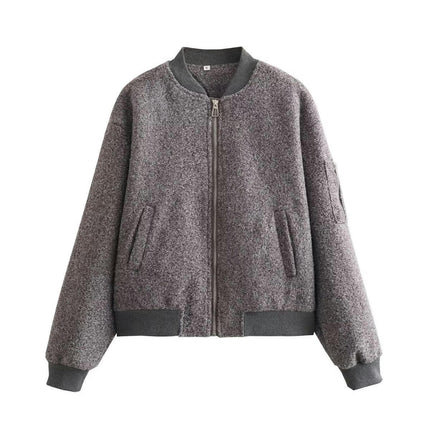 Women's Bomber Jacket Casual Wool Blend Coat Zip Up Winter Warm Outerwear