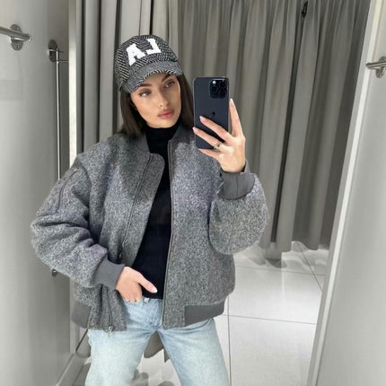 Women's Bomber Jacket Casual Wool Blend Coat Zip Up Winter Warm Outerwear