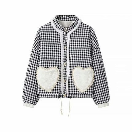 Womens Quilted Jacket Plaid Print Coat Snap Button Padded Jacket Outwear