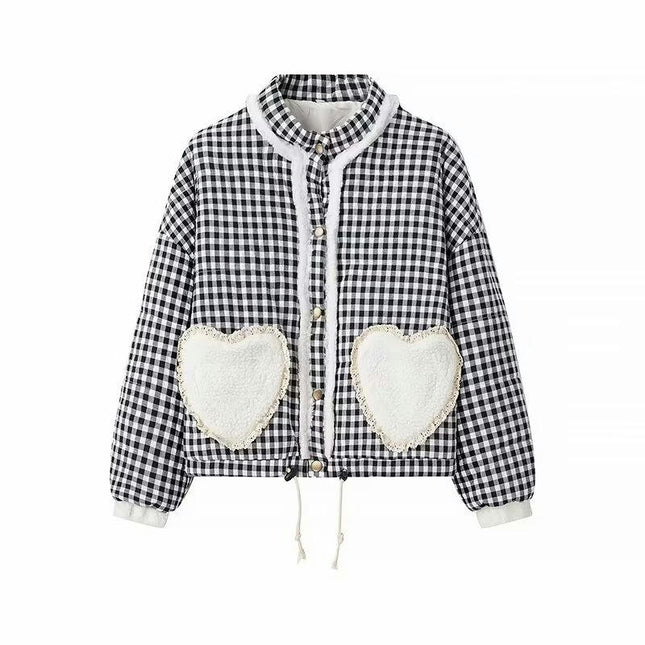 Womens Quilted Jacket Plaid Print Coat Snap Button Padded Jacket Outwear