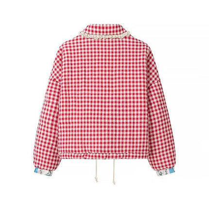 Womens Quilted Jacket Plaid Print Coat Snap Button Padded Jacket Outwear
