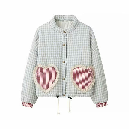 Womens Quilted Jacket Plaid Print Coat Snap Button Padded Jacket Outwear