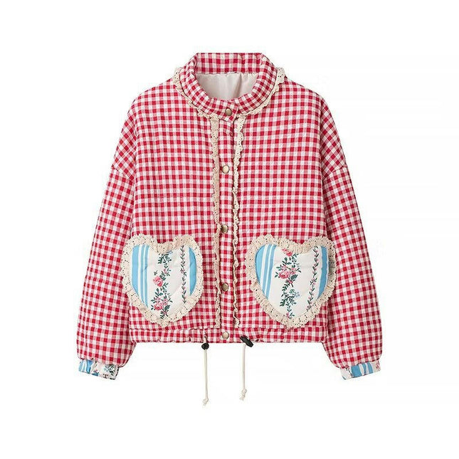Womens Quilted Jacket Plaid Print Coat Snap Button Padded Jacket Outwear