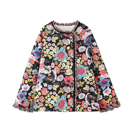 Women's Button Up Long Sleeve Quilted Jacket Floral Printed Shaggy Lined Coat