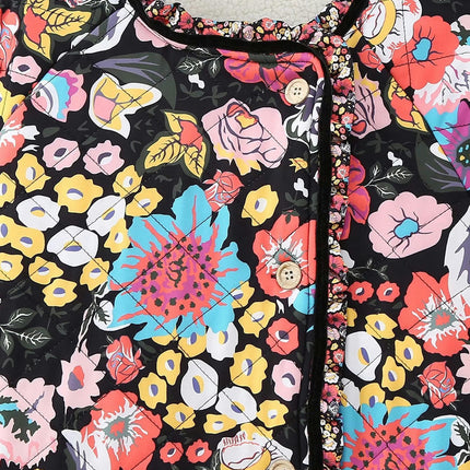 Women's Button Up Long Sleeve Quilted Jacket Floral Printed Shaggy Lined Coat