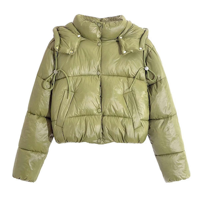 Womens Cropped Quilted Puffer Jacket Long Sleeve Button Down Coats Winter Outerwear with Hood