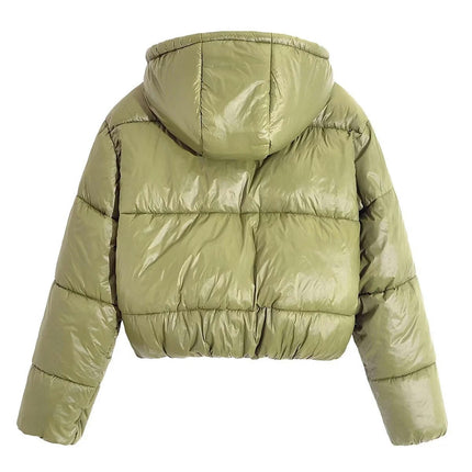 Womens Cropped Quilted Puffer Jacket Long Sleeve Button Down Coats Winter Outerwear with Hood