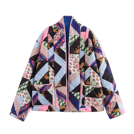 Womens Floral Print Quilted Jacket Lightweight Open Front Cardigan Coat