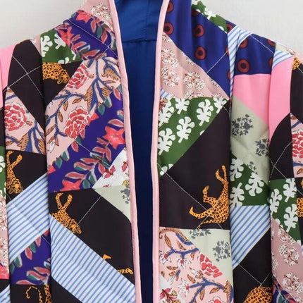 Womens Floral Print Quilted Jacket Lightweight Open Front Cardigan Coat