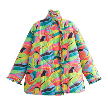 Women's Printed Quilted Jacket Color Block Button Down Long Sleeve Padded Coat