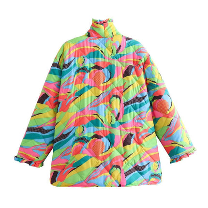 Women's Printed Quilted Jacket Color Block Button Down Long Sleeve Padded Coat