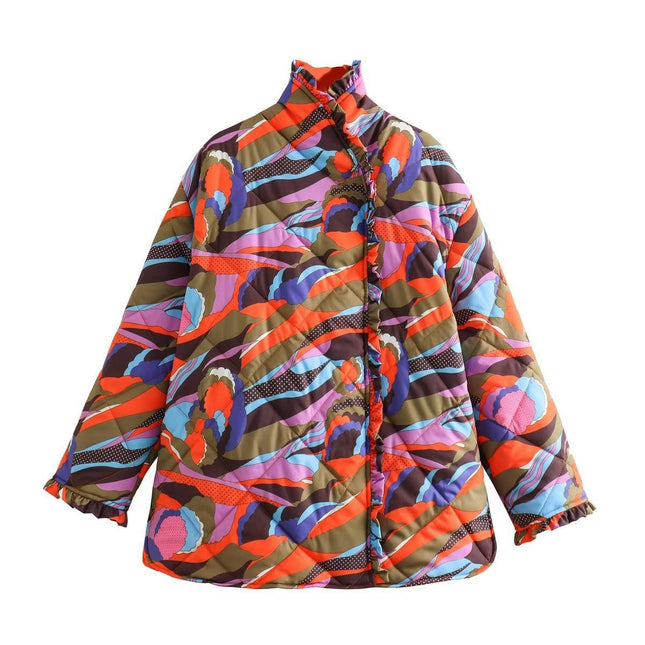 Women's Printed Quilted Jacket Color Block Button Down Long Sleeve Padded Coat