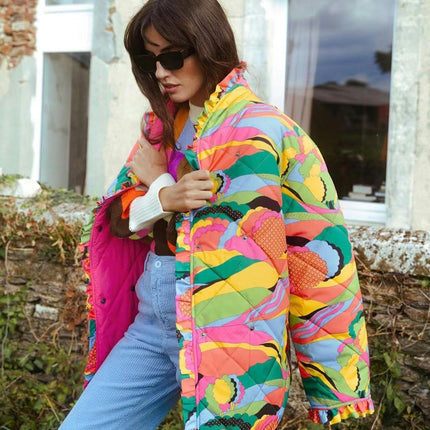 Women's Printed Quilted Jacket Color Block Button Down Long Sleeve Padded Coat