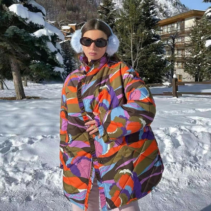 Women's Printed Quilted Jacket Color Block Button Down Long Sleeve Padded Coat