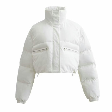 Women Cropped Puffer Jacket Long Sleeve Zip Stand Collar Pockets Quilted Coat