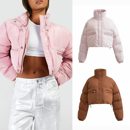 Women Cropped Puffer Jacket Long Sleeve Zip Stand Collar Pockets Quilted Coat