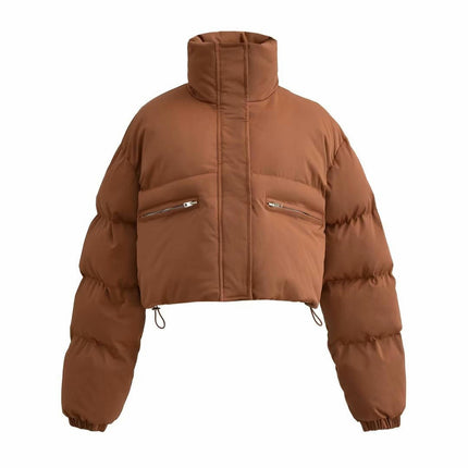 Women Cropped Puffer Jacket Long Sleeve Zip Stand Collar Pockets Quilted Coat