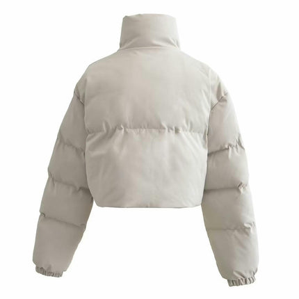 Women Cropped Puffer Jacket Long Sleeve Zip Stand Collar Pockets Quilted Coat