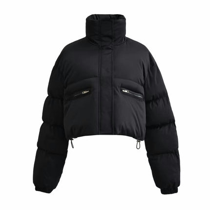 Women Cropped Puffer Jacket Long Sleeve Zip Stand Collar Pockets Quilted Coat