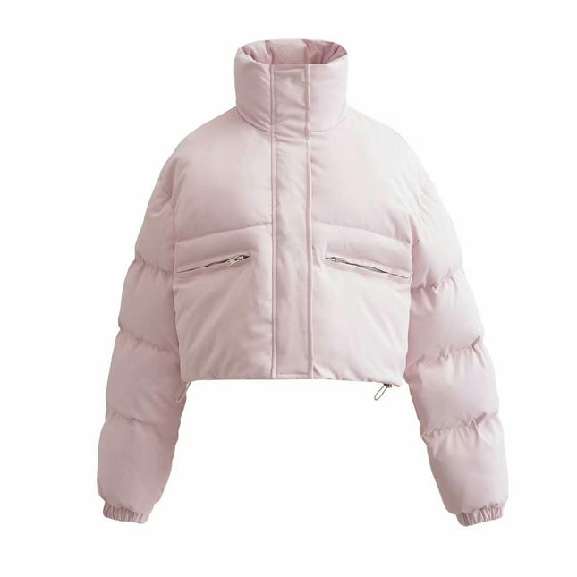 Women Cropped Puffer Jacket Long Sleeve Zip Stand Collar Pockets Quilted Coat