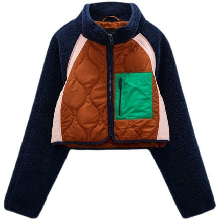 Women's Winter Cropped Quilted Jacket Long Sleeve Patchwork Zip Short Coat