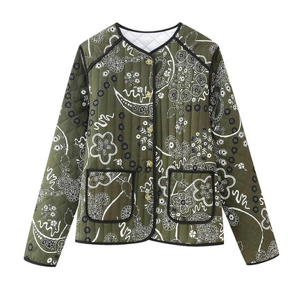 Women Floral Printed Quilted Jacket Lightweight Padded Jacket Button Down Coat