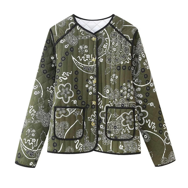 Women Floral Printed Quilted Jacket Lightweight Padded Jacket Button Down Coat