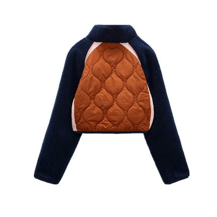 Women's Winter Cropped Quilted Jacket Long Sleeve Patchwork Zip Short Coat