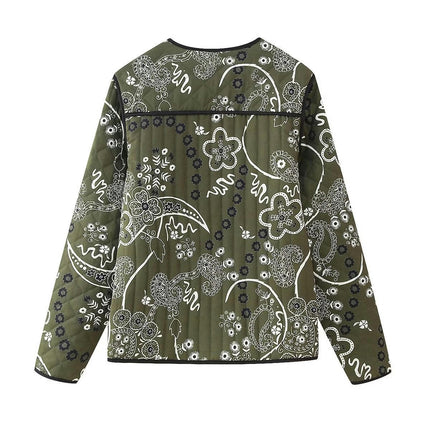 Women Floral Printed Quilted Jacket Lightweight Padded Jacket Button Down Coat