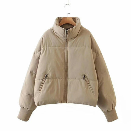 Women's Winter Long Sleeve Zip Puffer Jacket Padded Short Coats with Pockets