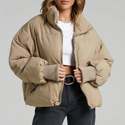 Women's Winter Long Sleeve Zip Puffer Jacket Padded Short Coats with Pockets
