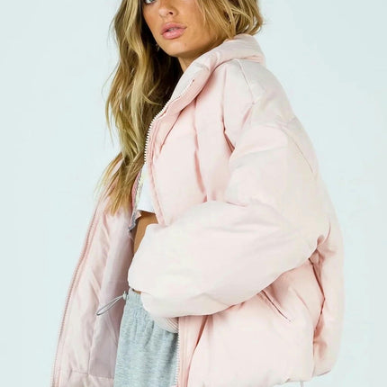 Women's Winter Long Sleeve Zip Puffer Jacket Padded Short Coats with Pockets