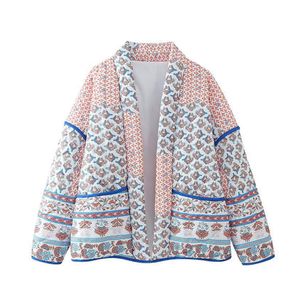 Women's Long Sleeve Quilted Jacket Cardigan Floral Printed Lightweight Padded Coats