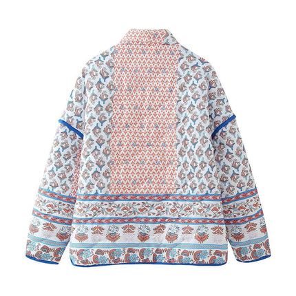 Women's Long Sleeve Quilted Jacket Cardigan Floral Printed Lightweight Padded Coats