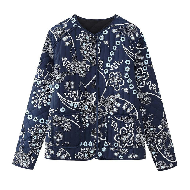 Women's Button Up Long Sleeve Lightweight Jacket Quilted Floral Print Padded Coat