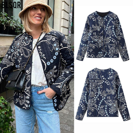 Women's Button Up Long Sleeve Lightweight Jacket Quilted Floral Print Padded Coat