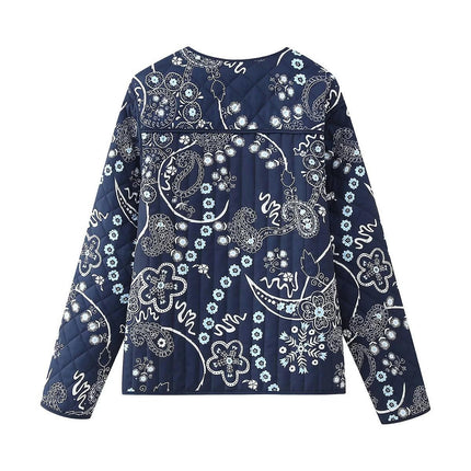 Women's Button Up Long Sleeve Lightweight Jacket Quilted Floral Print Padded Coat