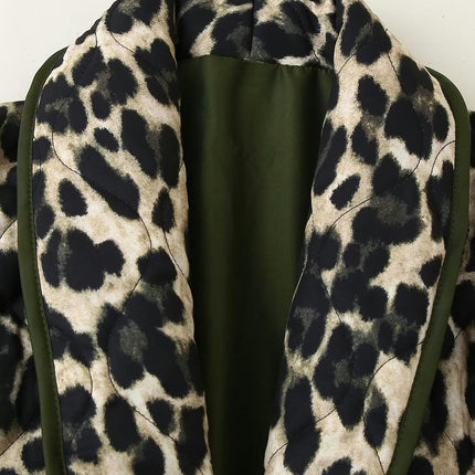 Women's Leopard Print Quilted Jacket Open Front Cardigans Long Sleeve Coats