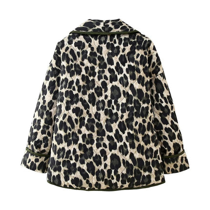 Women's Leopard Print Quilted Jacket Open Front Cardigans Long Sleeve Coats