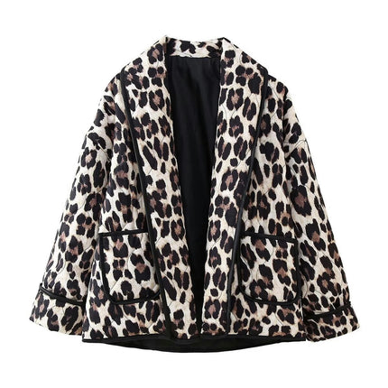 Women's Leopard Print Quilted Jacket Open Front Cardigans Long Sleeve Coats
