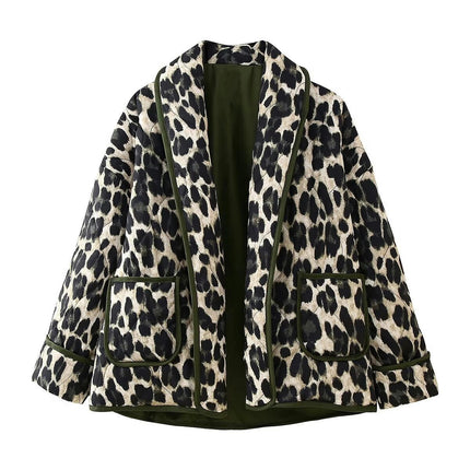 Women's Leopard Print Quilted Jacket Open Front Cardigans Long Sleeve Coats