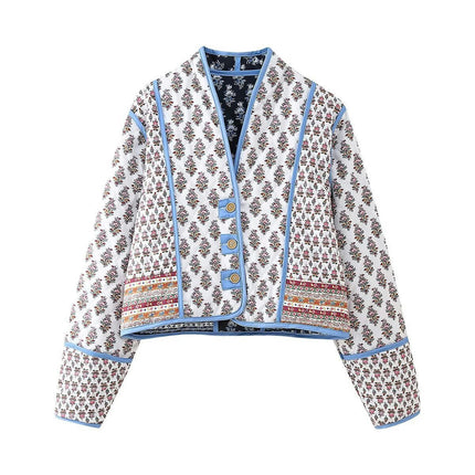 Womens Quilted Coats Lightweight Floral Print Button Down Long Sleeve Jacket Outwear