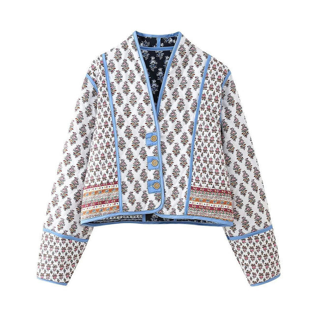 Womens Quilted Coats Lightweight Floral Print Button Down Long Sleeve Jacket Outwear